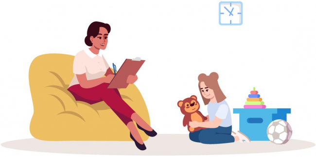 Woman counseling young child playing with teddy bear