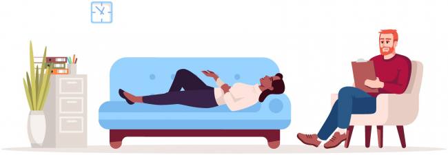 Man counseling woman on couch dealing with self esteem issues