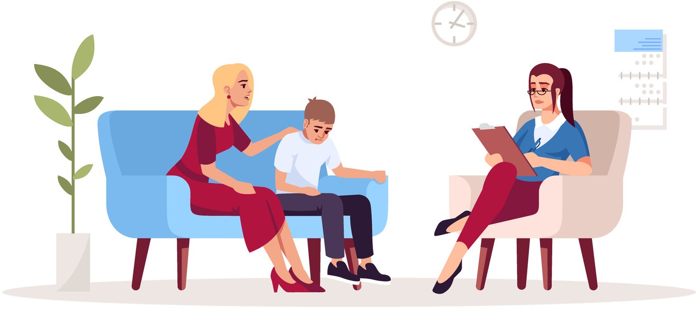 Woman counseling mother and son dealing with parenting issues